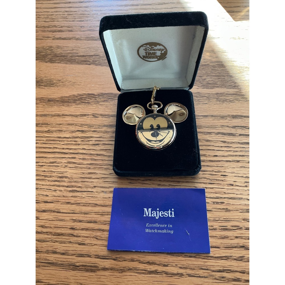 Disney Time Works Mickey Mouse Pocket Watch Gold Tone Majesti with Chain and Box